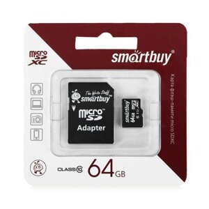 Карта памяти 64Gb - SmartBuy Micro Secure Digital HC Class 10 SB64GBSDCL10-01 с переходником под SD (Оригинальная!
