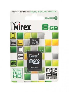 Карта памяти 8Gb - Mirex - Micro Secure Digital HC Class 10 13613-AD10SD08 с переходником под SD (Оригинальная!