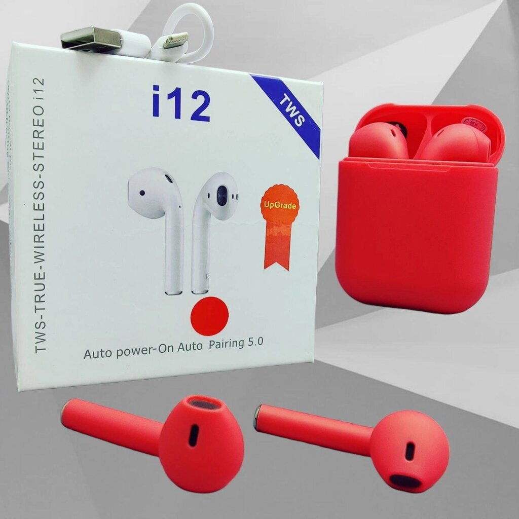 Беспроводные наушники i12 TWS (inPods i12) Bluetooth 5.0 с зарядным кейсом Красные от компании ART-DECO МАРКЕТ - магазин товаров для дома - фото 1