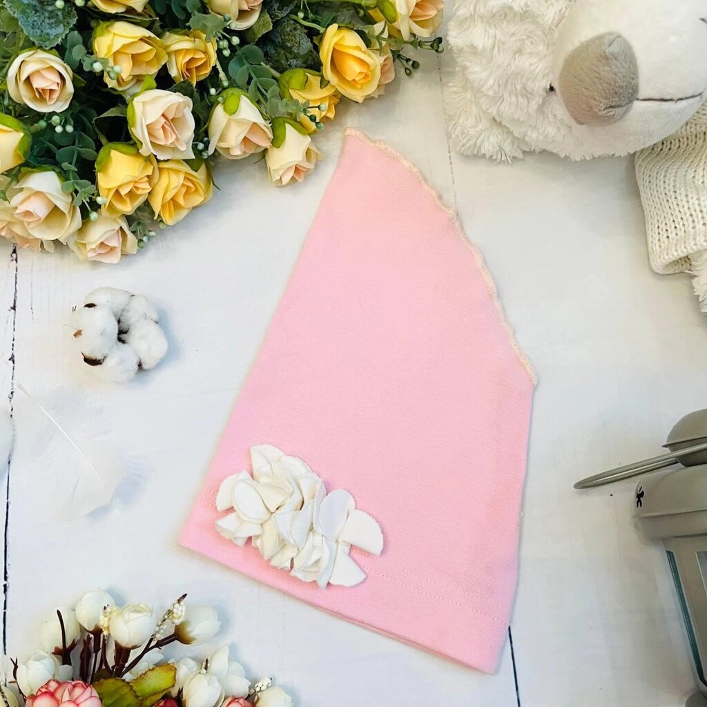 Косынка для новорожденной девочки Bebika из натурального хлопка с цветком (12/4-32) Розовая, р. 44-46 см. от компании ART-DECO МАРКЕТ - магазин товаров для дома - фото 1