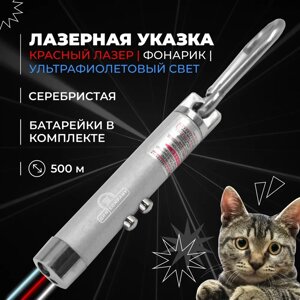 Лазерная указка для кошек и собак с карабином и фонариком, серебристая. Зоотовар для игры с домашним питомцем