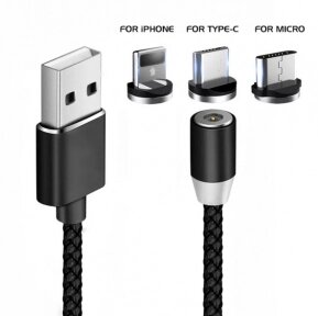 Магнитный кабель USB - Lightning X-Cable Metal Magnetic 360 для Aplle, Micro-USB, Type-C Чёрный от компании bel-ok - магазин товаров для дома - фото 1