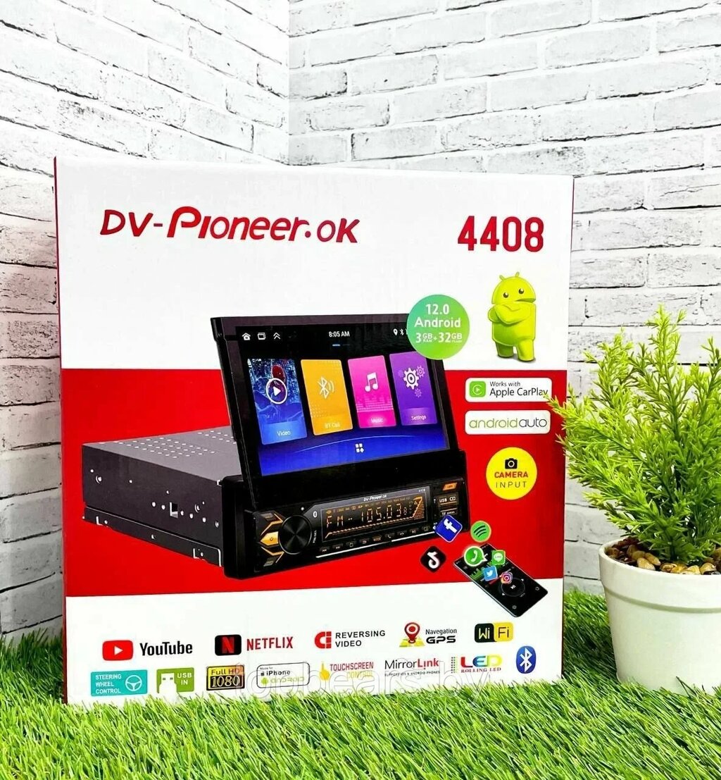 Магнитола 1DIN с выдвижным сенсорным экраном DV-Pioneer. Ok 4408 Android 3+32Гб/ GPS, Wi-Fi, CarPlay, AUX от компании Art-deco магазин товаров для дома - фото 1