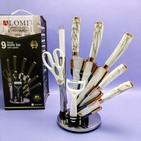 Набор кухонных ножей из нержавеющей стали 9 предметов Alomi на подставке / Подарочная упаковка Белый мрамор от компании ART-DECO МАРКЕТ - магазин товаров для дома - фото 1