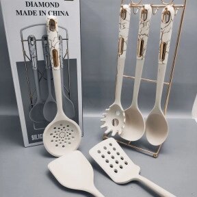 Набор кухонных силиконовых принадлежностей Diamond 7 предметов на подставке  Белый мрамор от компании ART-DECO МАРКЕТ - магазин товаров для дома - фото 1