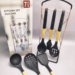 Набор кухонных силиконовых принадлежностей Kitchen set silicone 7 предметов на подставке / Черное дерево от компании ART-DECO МАРКЕТ - магазин товаров для дома - фото 1
