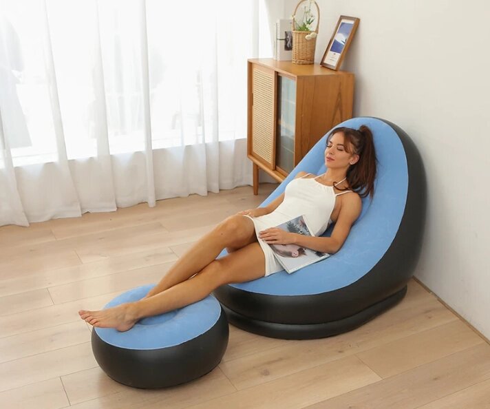 Надувное кресло с пуфиком для отдыха Inflatable Sofa / Кресло мешок, нагрузка до 100 кг., Голубой от компании bel-ok - магазин товаров для дома - фото 1