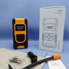 Портативный автомобильный компрессор Air Compressor с функцией Powerbank c LED-дисплеем и фонариком, 4 насадки и чехол