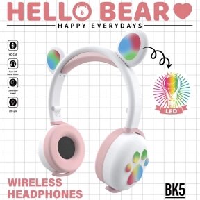 Беспроводные Bluetooth наушники Hello Bear BK-5 с подсветкой Розовый с белым