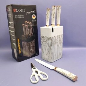 Набор кухонных ножей из нержавеющей стали 7 предметов Alomi на подставке / Подарочная упаковка Белый мрамор