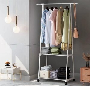 Вешалка передвижная напольная с полками Triangle clothes Rack 160х55х42 см. / Стойка для вещей, обуви на колесиках Белая