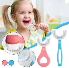 Детская силиконовая зубная U-образная щетка (с 2 до 6 лет) Розовая (длинная ручка овал)