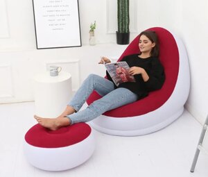 Надувное кресло с пуфиком для отдыха Inflatable Sofa / Кресло мешок, нагрузка до 100 кг., Белый с красным