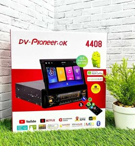 Магнитола 1DIN с выдвижным сенсорным экраном DV-Pioneer. Ok 4408 Android 3+32Гб/ GPS, Wi-Fi, CarPlay, AUX