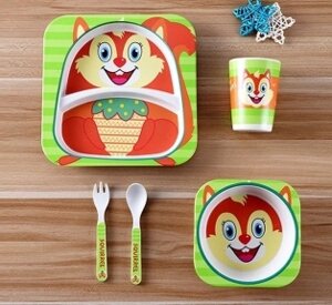 Детская посуда из бамбука из 5 предметов (набор) Bamboo Ware Kids Set. Выбери своего зверька Белочка