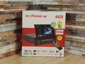 Магнитола 1DIN с выдвижным сенсорным экраном DV-Pioneer. Ok 4420 Android 3+32Гб/ GPS, Wi-Fi, CarPlay, AUX