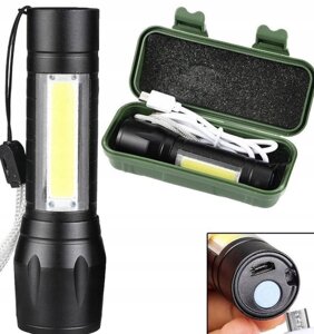 Фонарь LED + COВ 27-18 аккумуляторный / фокусировка луча / боковая подсветка (microusb)+пластиковый бокс)