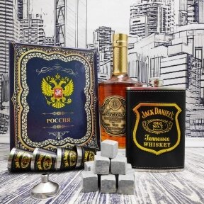 Подарочный набор Jack Daniels: фляжка 255 мл, 4 стопки и металлическая воронка M-39 Черный в золоте от компании bel-ok - магазин товаров для дома - фото 1