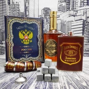 Подарочный набор Jack Daniels: фляжка 255 мл, 4 стопки и металлическая воронка M-39 Коричневый в золоте от компании bel-ok - магазин товаров для дома - фото 1