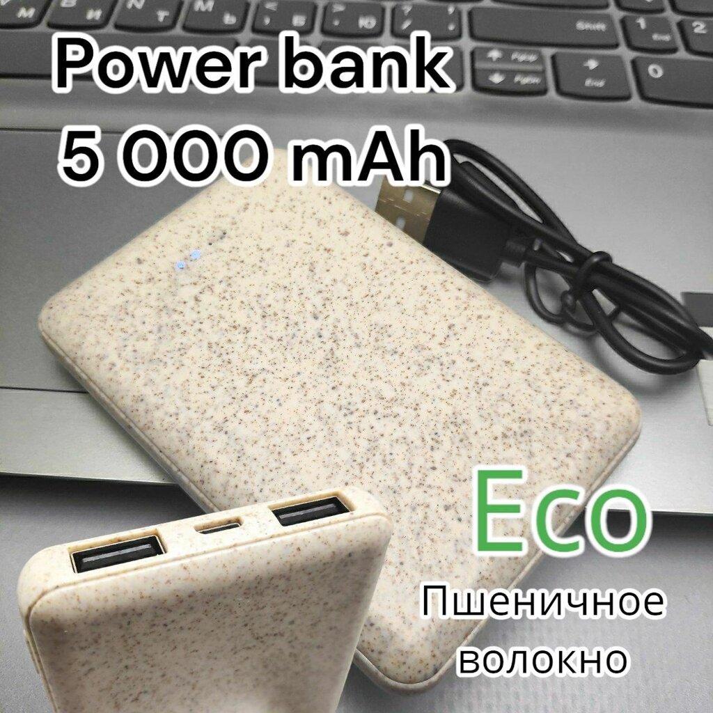 Портативное зарядное устройство Power Bank 5000 mAh из пшеничного волокна / Micro-USB, 2 USB-выхода от компании ART-DECO МАРКЕТ - магазин товаров для дома - фото 1