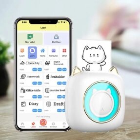 Портативный USB мини принтер Portable Mini Printer Котик  для термопечати с телефона с подсветкой 7 LED Белый от компании bel-ok - магазин товаров для дома - фото 1