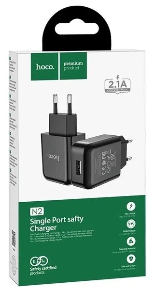 Сетевое устройство для зарядки аккумуляторов N2 Vigour single port charger Set (Lifhtning)(EU) черный hoco 2,0A от компании Art-deco магазин товаров для дома - фото 1