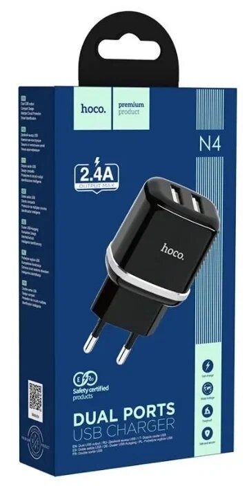 Сетевое зарядное устройство N4 Aspiring dual port charger (EU) черный hoco 2,4A от компании ART-DECO МАРКЕТ - магазин товаров для дома - фото 1