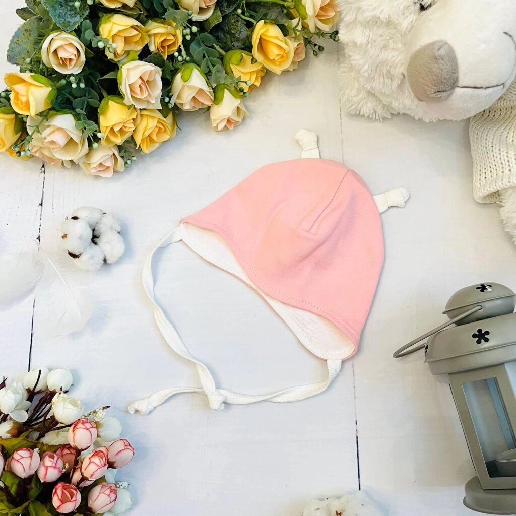 Шапочка для новорожденного из натурального хлопка Bebika (12/4-23) с рожками Светло-розовая, р. 42 см. от компании ART-DECO МАРКЕТ - магазин товаров для дома - фото 1