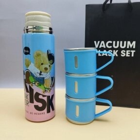 Термос Мишка с тремя кружками Vacuum set / Подарочный набор с вакуумной изоляцией / 500 мл. Голубой от компании bel-ok - магазин товаров для дома - фото 1