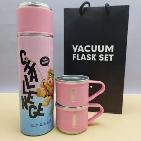 Термос Мишка с тремя кружками Vacuum set / Подарочный набор с вакуумной изоляцией / 500 мл. Розовый от компании bel-ok - магазин товаров для дома - фото 1