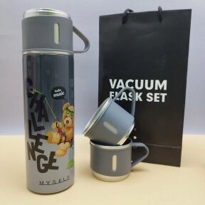 Термос Мишка с тремя кружками Vacuum set / Подарочный набор с вакуумной изоляцией / 500 мл. Серый от компании bel-ok - магазин товаров для дома - фото 1