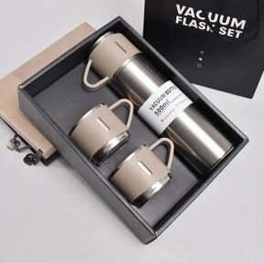 Термос с тремя кружками Vacuum set / Подарочный набор с вакуумной изоляцией / 500 мл. Бежевый от компании bel-ok - магазин товаров для дома - фото 1