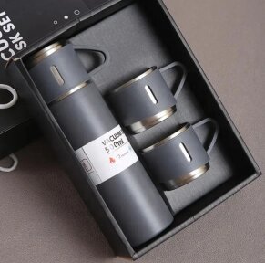 Термос с тремя кружками Vacuum set / Подарочный набор с вакуумной изоляцией / 500 мл. Серый от компании ART-DECO МАРКЕТ - магазин товаров для дома - фото 1