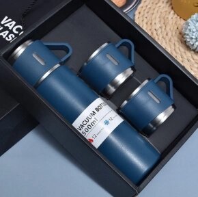 Термос с тремя кружками Vacuum set / Подарочный набор с вакуумной изоляцией / 500 мл. Синий от компании ART-DECO МАРКЕТ - магазин товаров для дома - фото 1