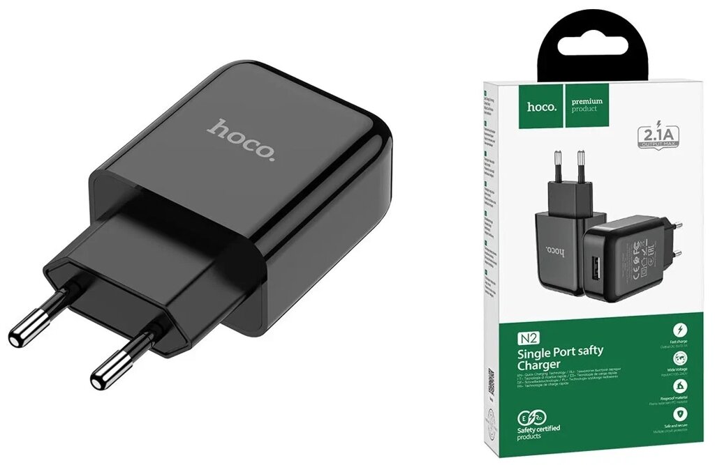 Зарядное устройство HOCO N2 Vigour single USB, 2A, черный от компании ART-DECO МАРКЕТ - магазин товаров для дома - фото 1