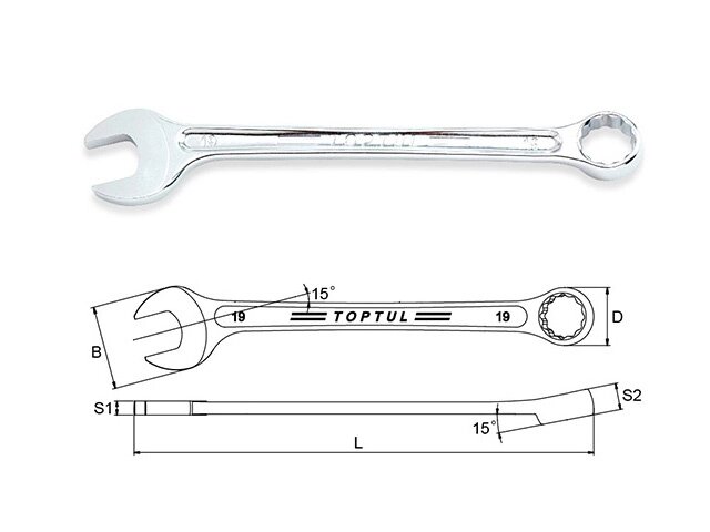 Ключ комбинированный 19мм 15° TOPTUL от компании ИнструментМастер - Магазин строительной и садовой техники - фото 1
