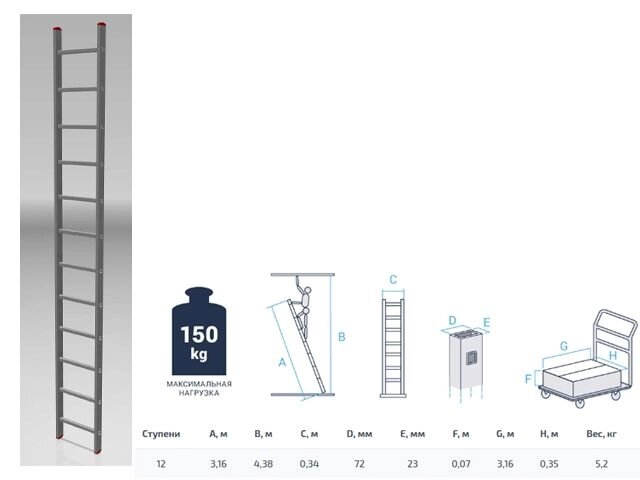 Лестница алюм. односекц. 316см 12 ступ., 5,2кг PRO STARTUL (ST9945-12) от компании ИнструментМастер - Магазин строительной и садовой техники - фото 1