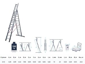 Лестница алюм. 3-х секц. 309/796/328см 3х12 ступ., 23,5кг  NV5230 Новая Высота (макс. нагрузка 150кг) в Могилевской области от компании ИнструментМастер - Магазин строительной и садовой техники