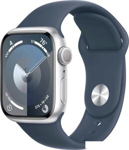 Умные часы Apple Watch Series 9 41 мм (алюминиевый корпус, серебристый/грозовой синий, спортивный силиконовый ремешок