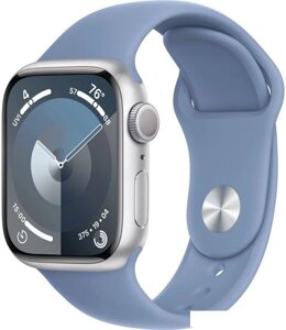 Умные часы Apple Watch Series 9 41 мм (алюминиевый корпус, серебристый/зимний синий, спортивный силиконовый ремешок S/M)