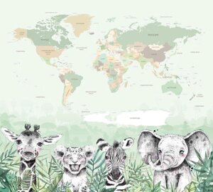 Фотообои листовые Vimala Карта мира зверята