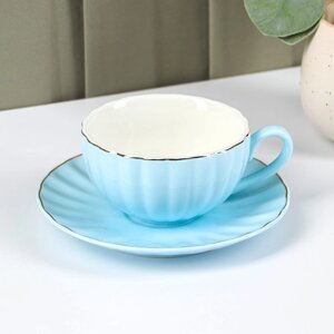Чайная пара фарфоровая Доляна «Вивьен»чашка 200 мл, блюдце d=15 см, цвет голубой
