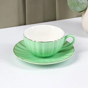 Чайная пара фарфоровая Доляна «Вивьен»чашка 200 мл, блюдце d=15 см, цвет зелёный