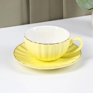 Чайная пара фарфоровая Доляна «Вивьен»чашка 200 мл, блюдце d=15 см, цвет жёлтый