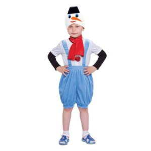 Карнавальный костюм "Снеговик с чёрным ведром", комбинезон, шапка, шарф, р-р 28, рост 98-104 см