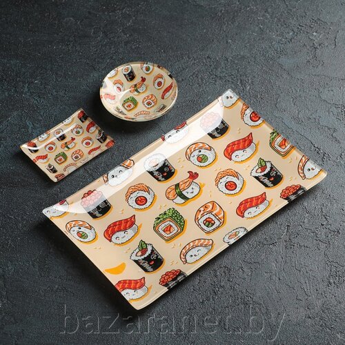 Набор для суши из стекла Доляна «Сет», 3 предмета: соусники 82 см, 86 см, подставка 2515 см