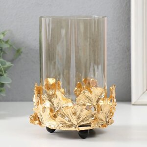 Подсвечник металл, стекло на 1 свечу "Листья Гинкго" d=10 см золото 18 см