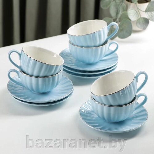 Сервиз чайный фарфоровый Доляна «Вивьен»6 чашек 200 мл, 6 блюдец d=15 см, цвет голубой