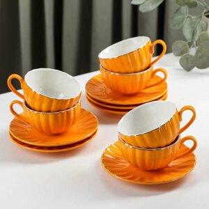 Сервиз чайный фарфоровый Доляна «Вивьен»6 чашек 200 мл, 6 блюдец d=15 см, цвет оранжевый