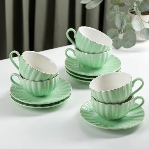 Сервиз чайный фарфоровый Доляна «Вивьен»6 чашек 200 мл, 6 блюдец d=15 см, цвет зелёный